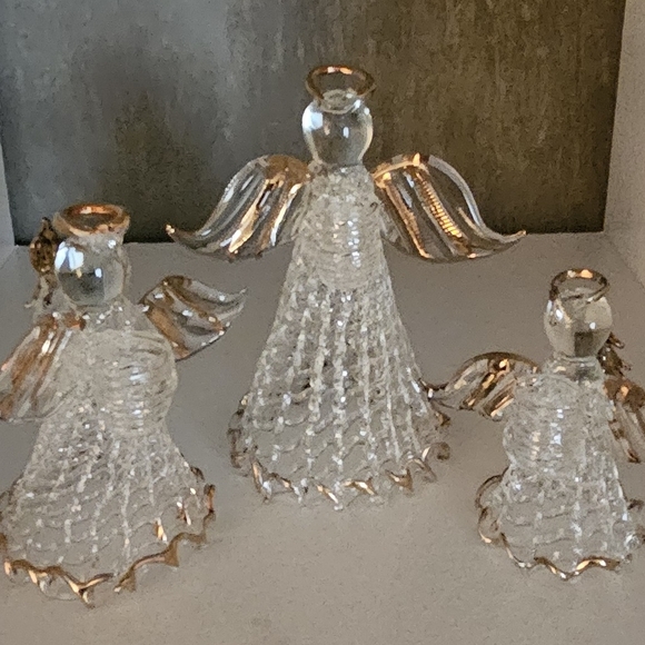 Hand Spun Glass Angel Candle Holder Figurines with Gold Highlights - Picture 2 of 2